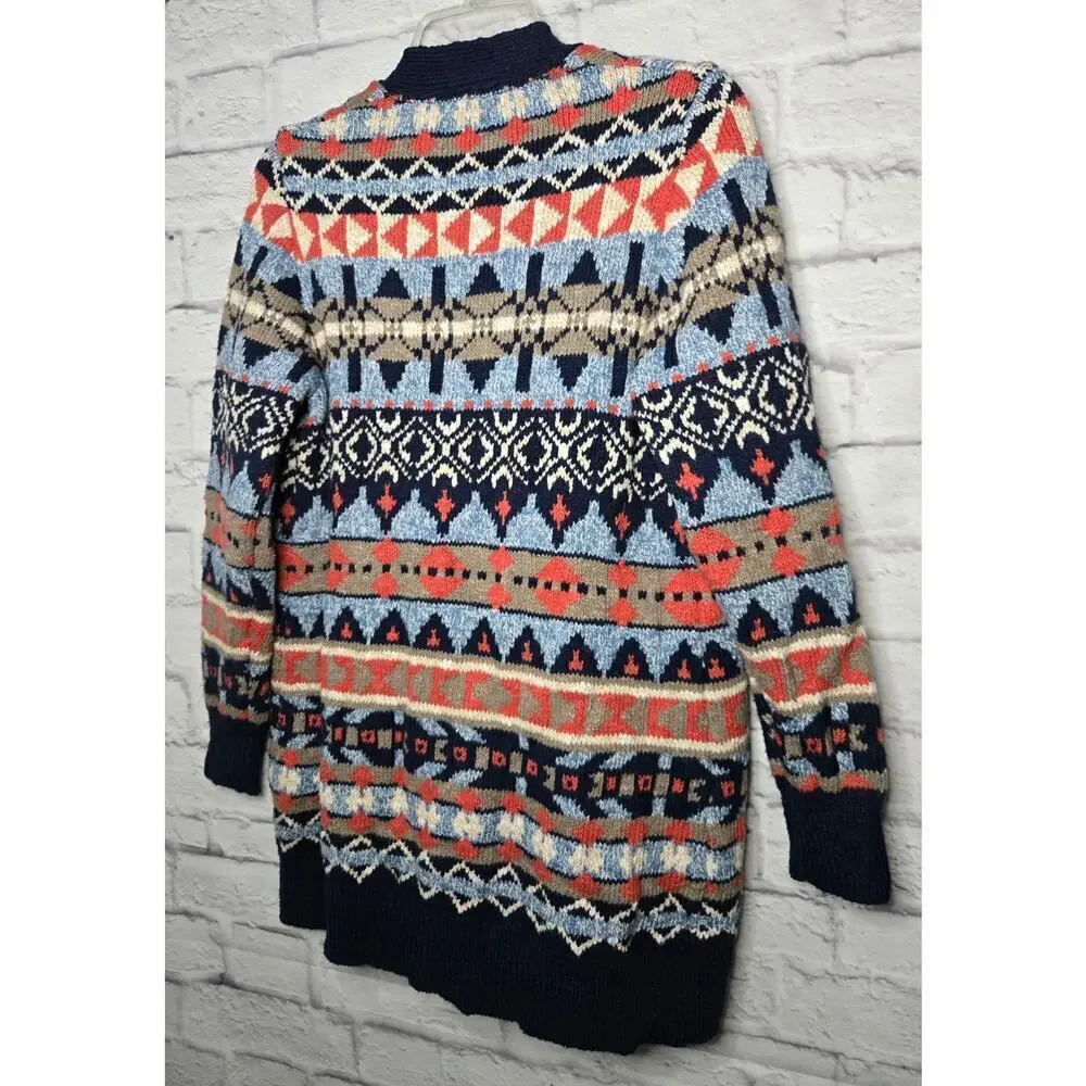 L.L.BEAN women's cotton fair isle western Aztec print knit cardigan MP.